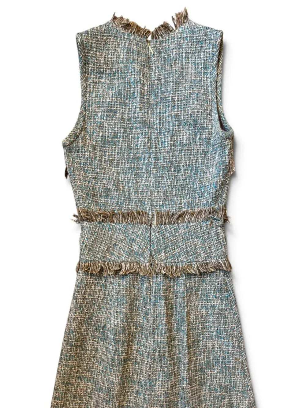 Tory Burch Curtis Tweed Fringe Dress Size 2 Blue Brown Bouclé